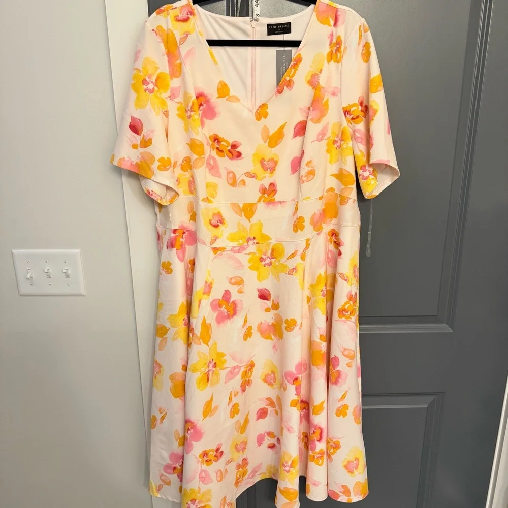 Lane Bryant Cream Midi Dress with Yellow & Pink Floral Print - Picture 1 of 9